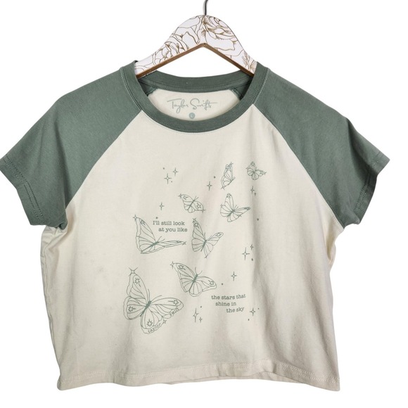 TAYLOR SWIFT Shirt Womens Large Green White Self-Titled Stars That Shine Baby T - Picture 1 of 11